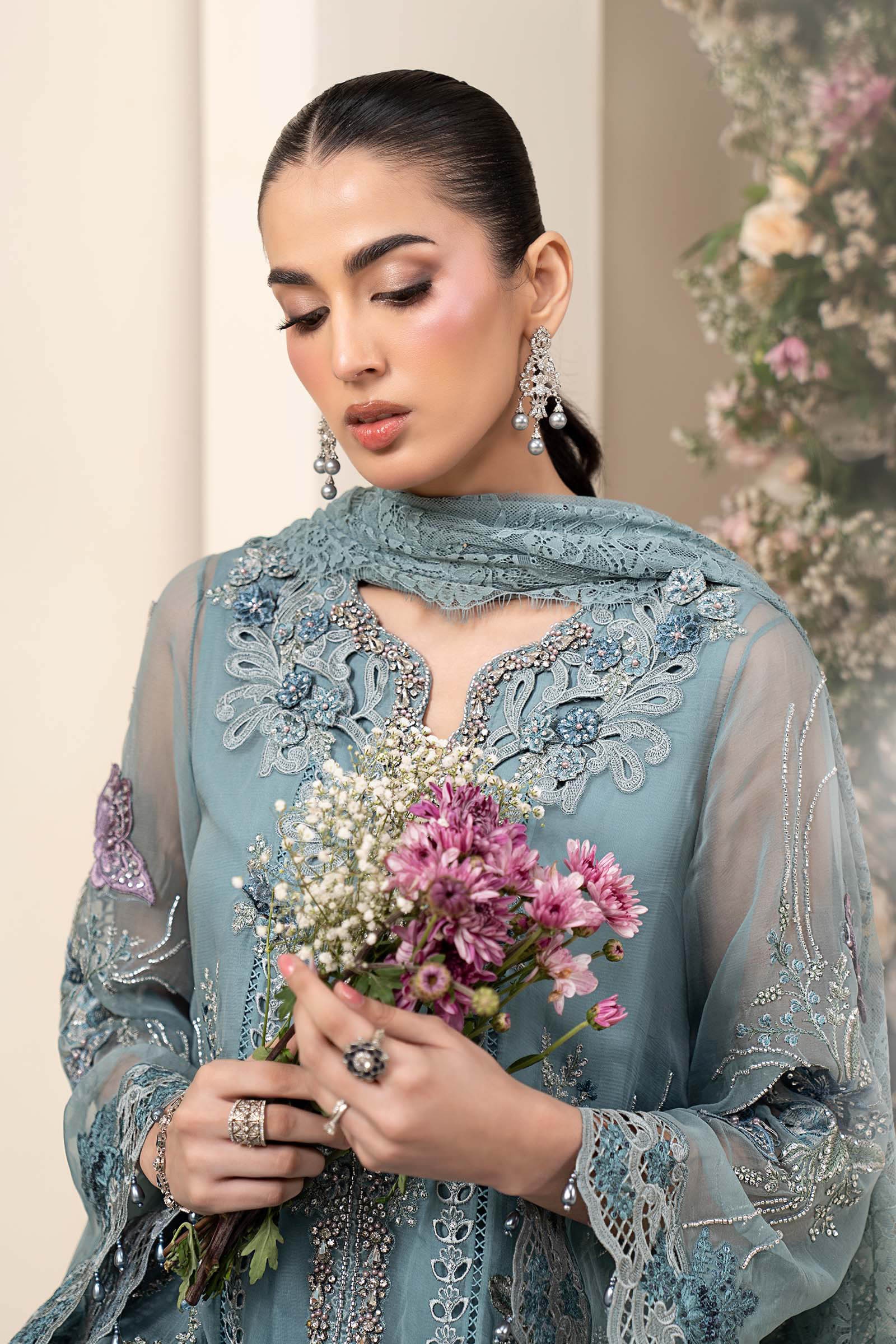 3 Piece Embroidered Chiffon Suit aqua pakistani fashion outfit in…